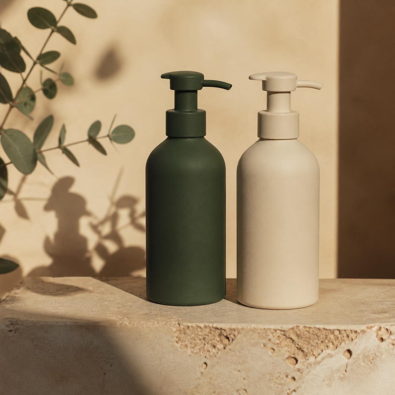 Shampoo and conditioner bottles on a sunlit stone ledge